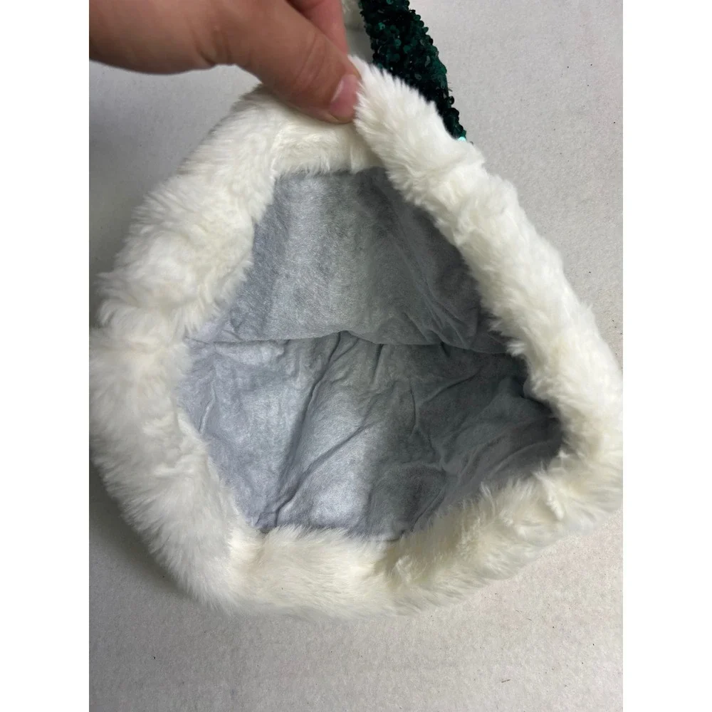 Christmas Holiday Great Value Womens OS Green Sequin Faux Fur Santa Hat Set of 2